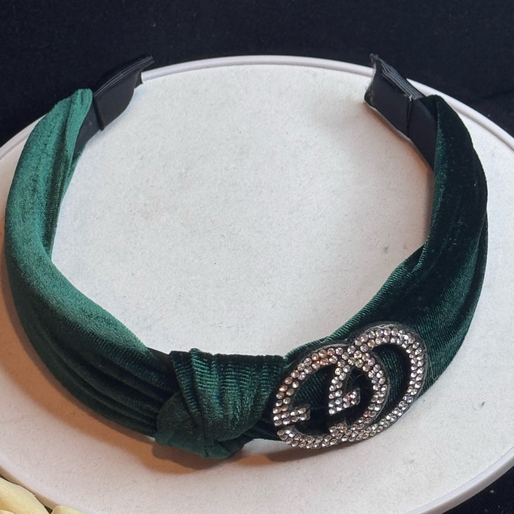 Green Velvet Rhinestone Headband - Picture 4 of 9